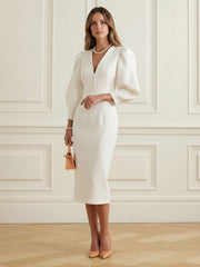 Solid Color Bodycon Elasticated Waist V-Neck Midi Dresses