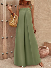 Elasticity Pleated Solid Color Split-Joint Tied A-Line Loose Spaghetti-Neck Maxi Dresses