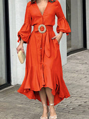 Pleated Solid Color High-Low Puff Sleeves Lapel Collar Maxi Dresses