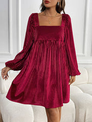 Pockets Solid Color Split-Joint Velvet A-Line High Waisted Square-Neck Mini Dresses