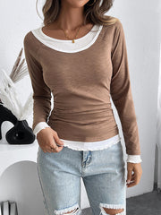 Contrast Color Split-Joint False Two Long Sleeves Round-Neck T-Shirts Tops