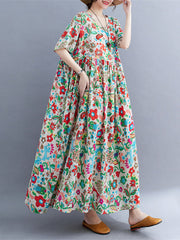 Pleated Printed Split-Joint Loose Short Sleeves Round-Neck Midi Dresses