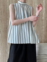 Lace-Up Pleated Split-Joint Streamer Striped Loose Sleeveless Stand Collar Vest Top
