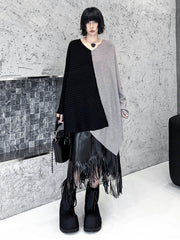 Asymmetric Contrast Color Split-Joint Textured Batwing Sleeves Irregularity V-Neck Sweater Tops