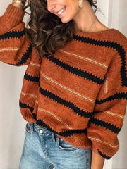 Striped Long Sleeves Loose Round-Neck Sweater Tops Pullovers Knitwear