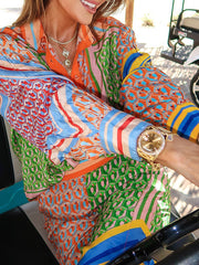 Multi-Color Patchwork Long-Sleeved Lapel Shirt Top + Baggy Pants Pocket Casual Pants Two-Piece Set