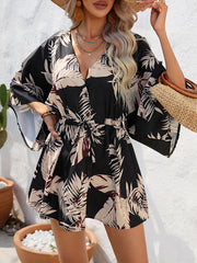 Buttoned Drawstring Leaves Print A-Line Half Sleeves V-Neck Mini Dresses
