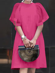 Short Sleeves Pleated See-Through Solid Color Split-Joint Round-Neck Mini Dresses