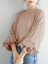 Simple Solid Color Puff Sleeve Mesh Splicing Chiffon Shirt