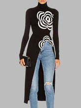 Asymmetric Printed Split-Joint Long Sleeves High Neck T-Shirts