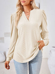 Jacquard Solid Color Long Sleeves Loose V-neck T-Shirts Tops