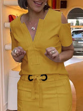 Solid Color Split-Joint Loose Short Sleeves Cold shoulder Blouses&shirts Tops