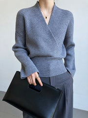 Casual Long Sleeves Loose Solid Color Cross V-Neck Sweater Tops