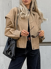 Buttoned Elasticity Solid Color Zipper Long Sleeves Loose Lapel Outerwear Jackets