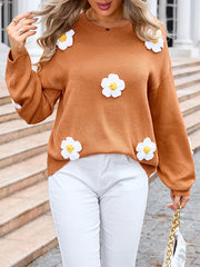 Split-Joint Three-Dimensional Flower Long Sleeves Loose Round-Neck Sweater Tops Pullovers