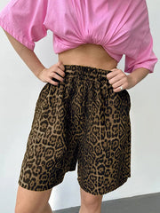 Elasticity Leopard Pockets Split-Joint Zipper High Waisted Loose Shorts Bottoms