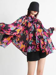 Loose Printed Puff Sleeves Pleated Stand Collar Blouses