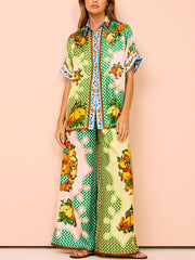 Contrast Color Floral Printed Loose Short Sleeves Lapel Shirt Top&Pants Two Pieces Set