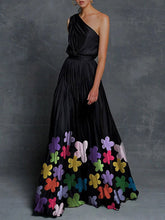 Asymmetric Flower Print Pleated Loose Sleeveless One-Shoulder Maxi Dresses