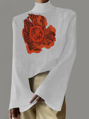 Flower Print Flared Sleeves Long Sleeves High Neck T-Shirts Tops