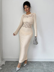 Hollow Lacy Pleated Solid Color Split-Back Split-Joint Zipper Bodycon Long Sleeves Round-Neck Maxi Dresses