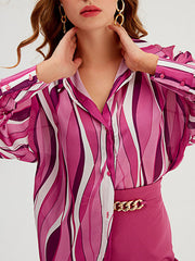 Contrast Color Striped Long Sleeves Loose Lapel Blouses