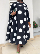 Long Sleeves Loose Contrast Color Polka-Dot Round-Neck Maxi Dresses