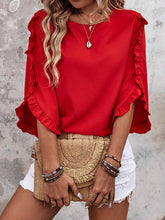 Ruffle Trim Solid Color Loose Three-Quarter Sleeves Round-Neck T-Shirts Tops