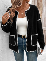 Buttoned Contrast Color Pockets Split-Joint Long Sleeves Loose Round-Neck Cardigan Tops