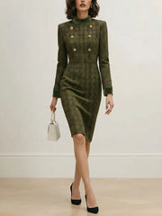 Buttoned Solid Color Split-Joint Zipper High Waisted Long Sleeves Mock Neck Midi Dresses