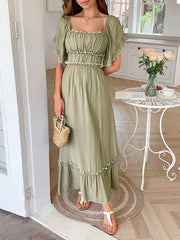 Pleated Ruffle Trim Split-Joint Zipper A-Line High Waisted Square-Neck Midi Dresses