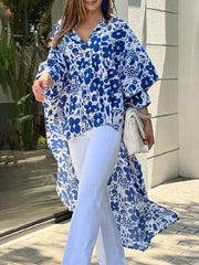 Half Sleeves High-Low Buttoned Flower Print Split-Side Lapel Blouses&Shirts Tops