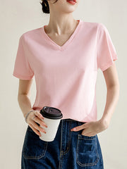 Solid Color Loose Short Sleeves V-Neck T-Shirts Tops