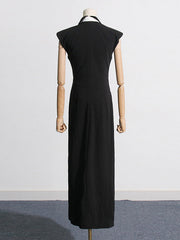 Asymmetric Hollow Rhine Stones Split-Front Split-Joint Tasseled High Waisted Sleeveless Lapel Midi Dresses