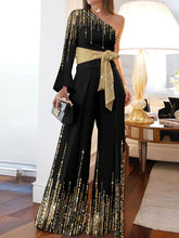 Printed Shiny Tied Waist Long Sleeves Loose One-Shoulder Jumpsuits