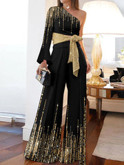 Printed Shiny Tied Waist Long Sleeves Loose One-Shoulder Jumpsuits