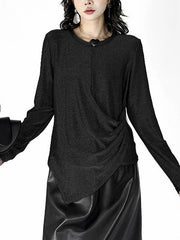 Asymmetric Solid Color Hipster Long Sleeves Round-Neck T-Shirts Tops
