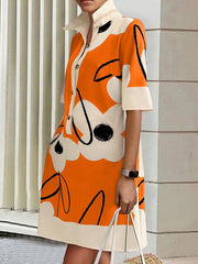 A-Line Half Sleeves Buttoned Contrast Color Flower Print Pockets Stand Collar Mini Dresses