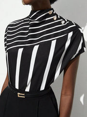 Asymmetric Split-Joint Striped Batwing Sleeves Loose High Neck T-Shirts Tops