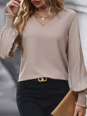 Elasticity Pleated Solid Color Long Sleeves Loose V-Neck T-Shirts Tops