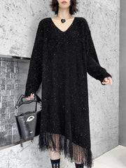 Contrast Color Sequined Shiny Split-Joint Tasseled Irregularity Long Sleeves V-Neck Sweater Dresses Midi Dresses