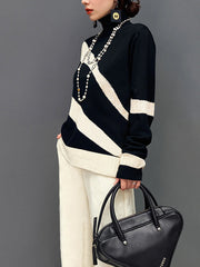 Long Sleeves Loose Contrast Color High Neck Sweater Tops