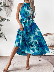 Hollow Pleated Printed Split-Joint Tied Waist Loose Sleeveless Round-Neck Midi Dresses
