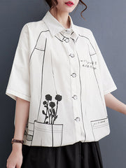 Buttoned Printed Loose Short Sleeves Lapel Blouses&Shirts Tops