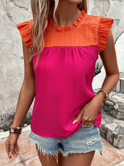 Contrast Color Pleated Ruffled Split-Joint Flying Sleeves Loose Round-neck Vest Top