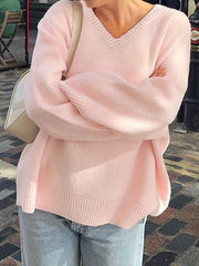 Ribs Solid Color Long Sleeves Loose V-Neck Sweater Tops