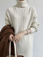 Stylish Loose Long Sleeves Solid Color High-Neck Twist Sweater Dresses
