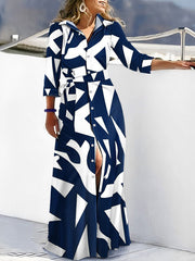 Buttoned Printed Tied Waist High Waisted Long Sleeves V-neck Shirt Dress Maxi Dresses