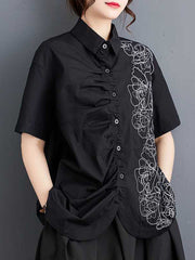 Buttoned Embroidered Pleated Irregularity Loose Lapel Collar Blouses&Shirts Tops