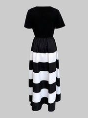 A-Line High Waisted Contrast Color Pleated Pockets Round-Neck Maxi Dresses